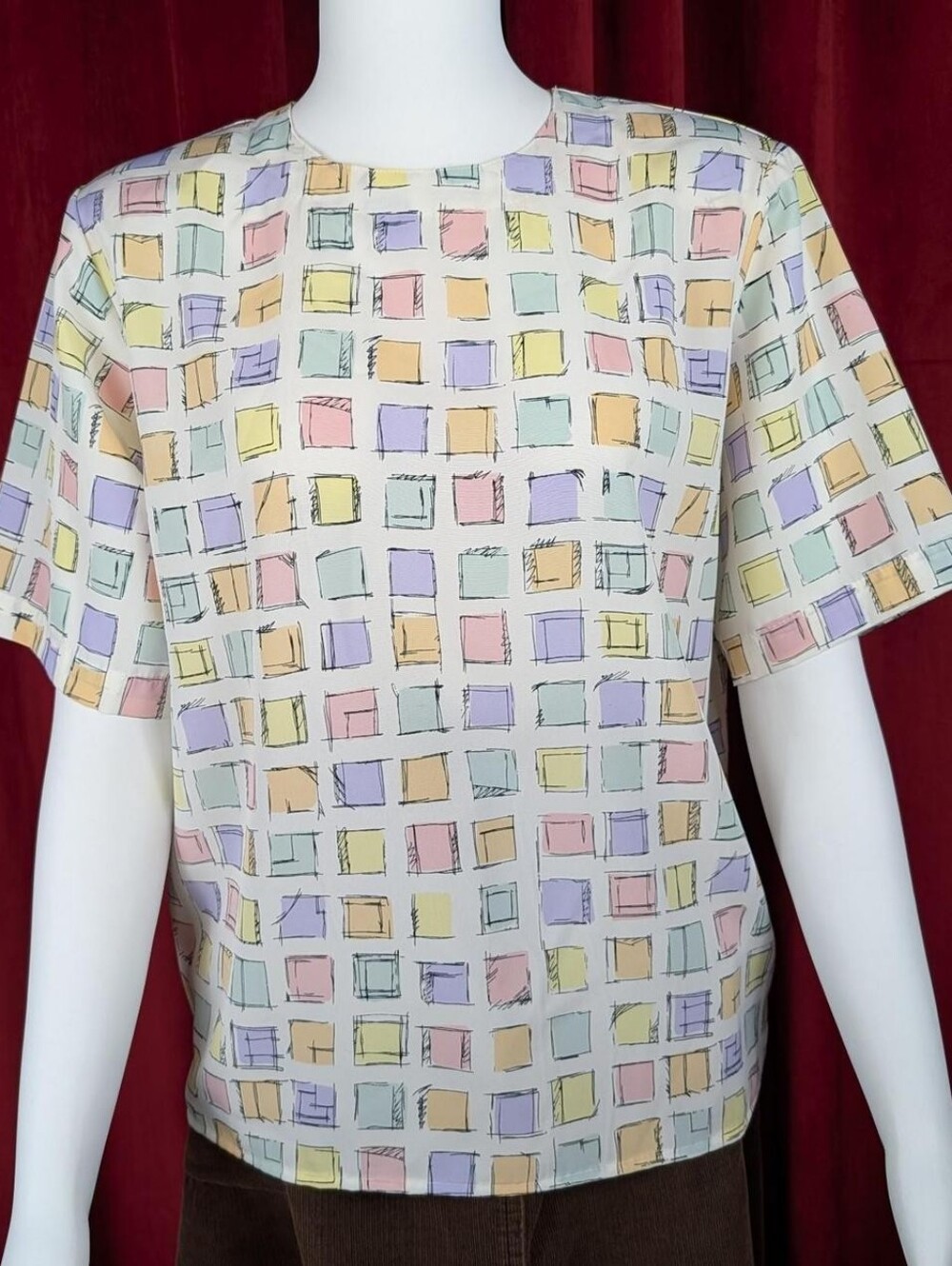 Vintage 90's Yves St. Clair Petites Multicolor Sketchy Square Pattern Blouse